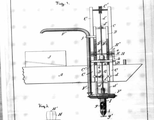 A black-and-white patent drawing of a sand pump on a barge.