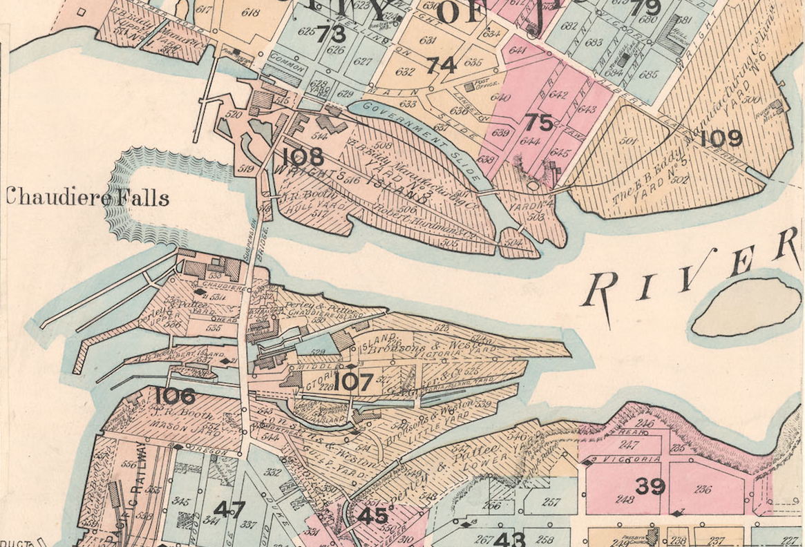 A colour map of Ottawa, cropped to show the river and the Chaudière Falls.