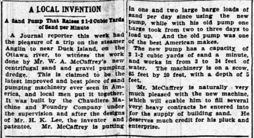 Newspaper clipping from an 1889 Ottawa Journal, describing the invention of a sand pump.