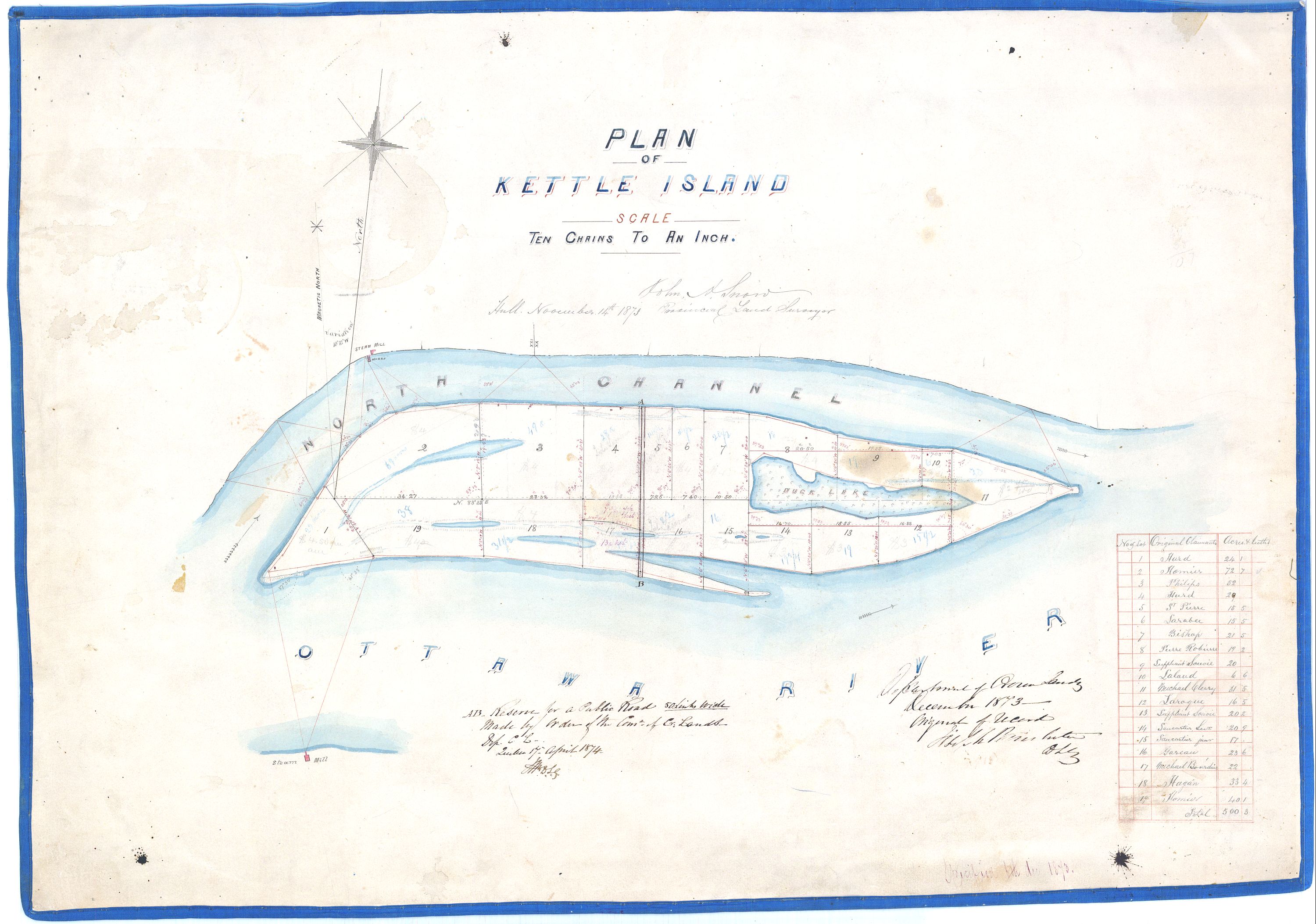 A watercolour map of Kettle Island, depicting property lines and measurements and routes from land to wharves on shore.