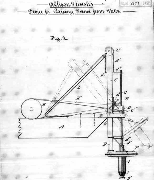 A black-and-white patent drawing of a sand pump on a barge, depicting how it can be lifted out from the water.